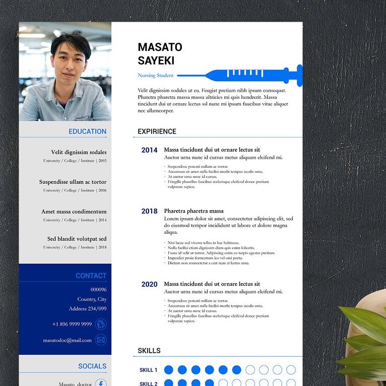 Blue and white resume with a black background.