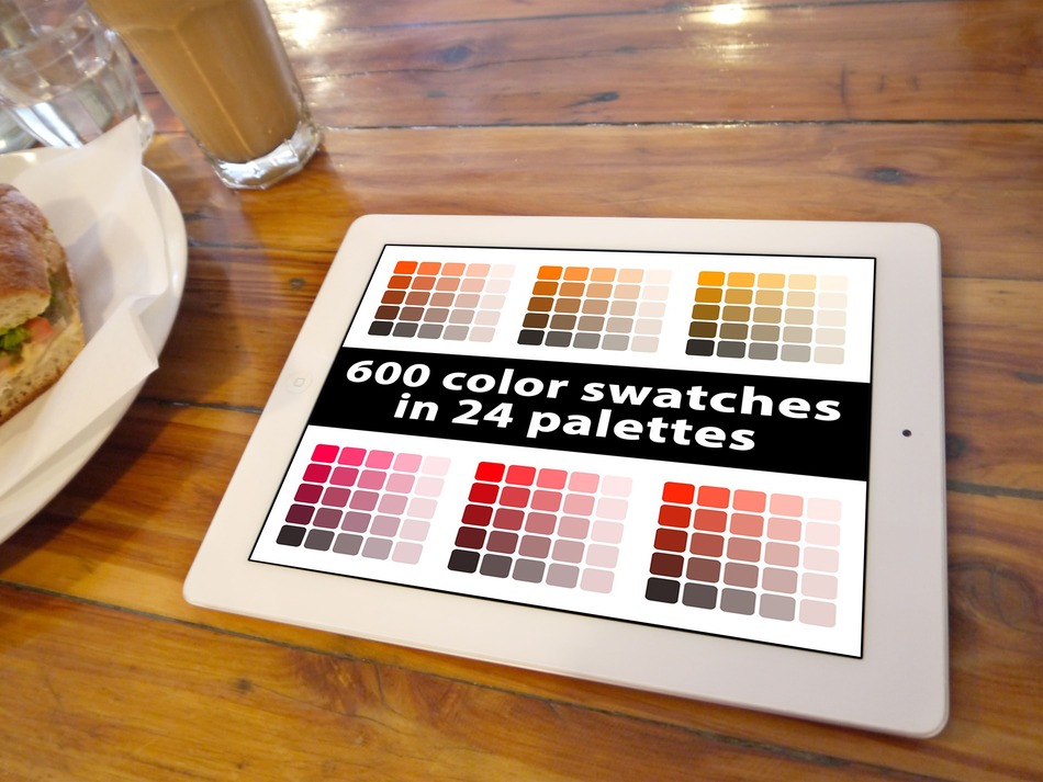 600 Color Swatches In 24 Palettes On The Tablet.
