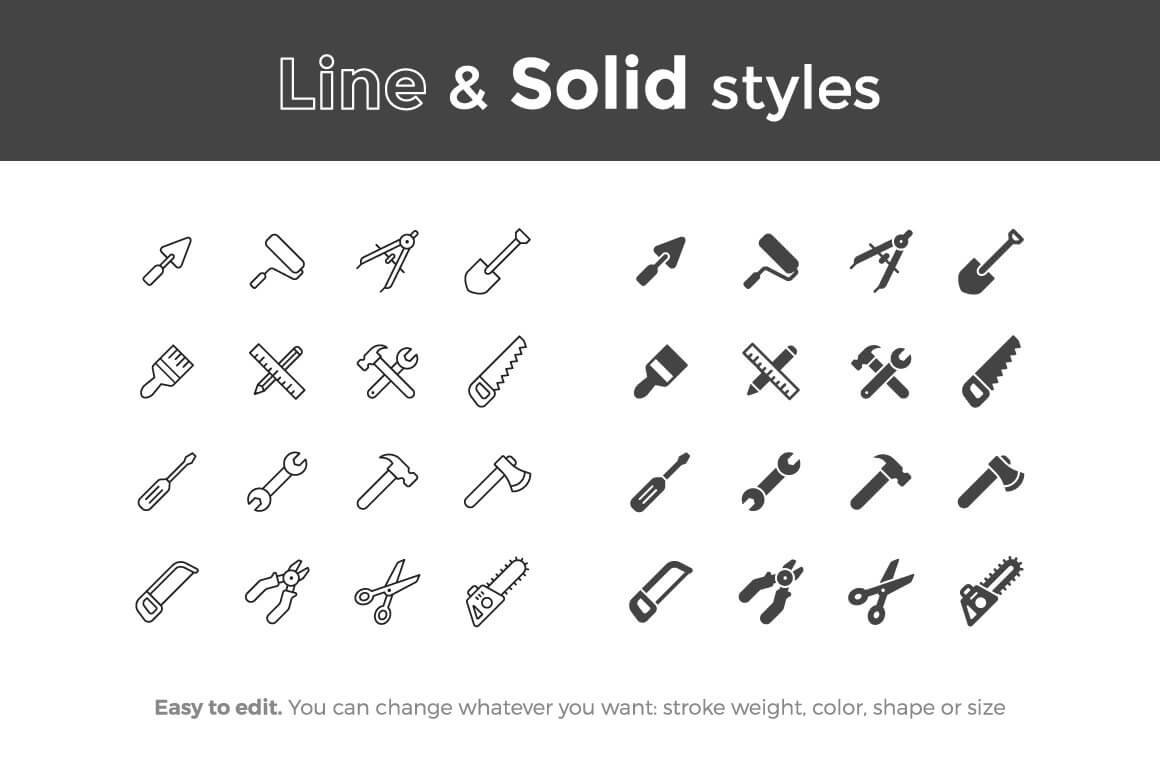 Line and solid styles of tools icons.