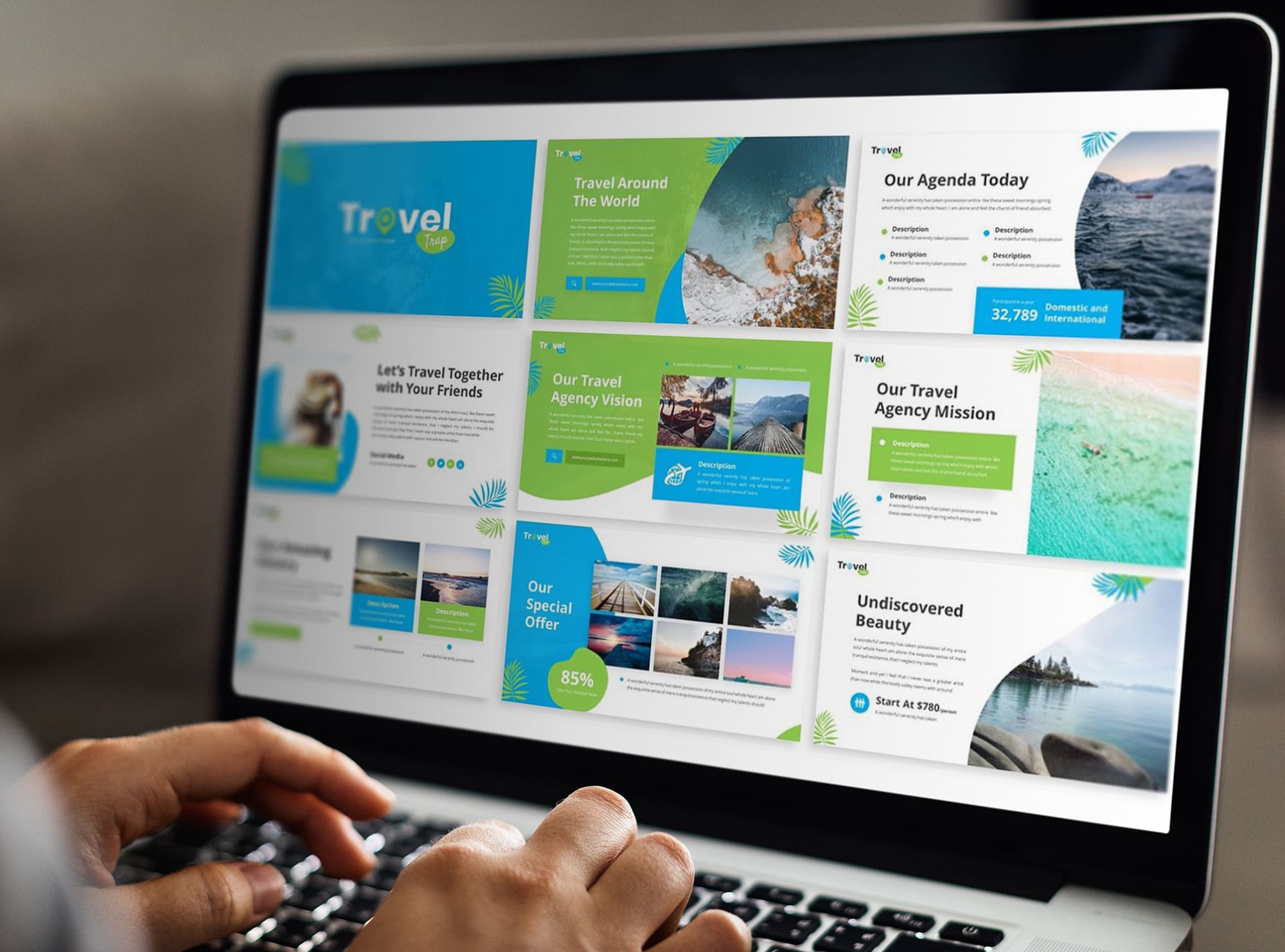 Trap Travel Powerpoint Template mockup laptop preview.