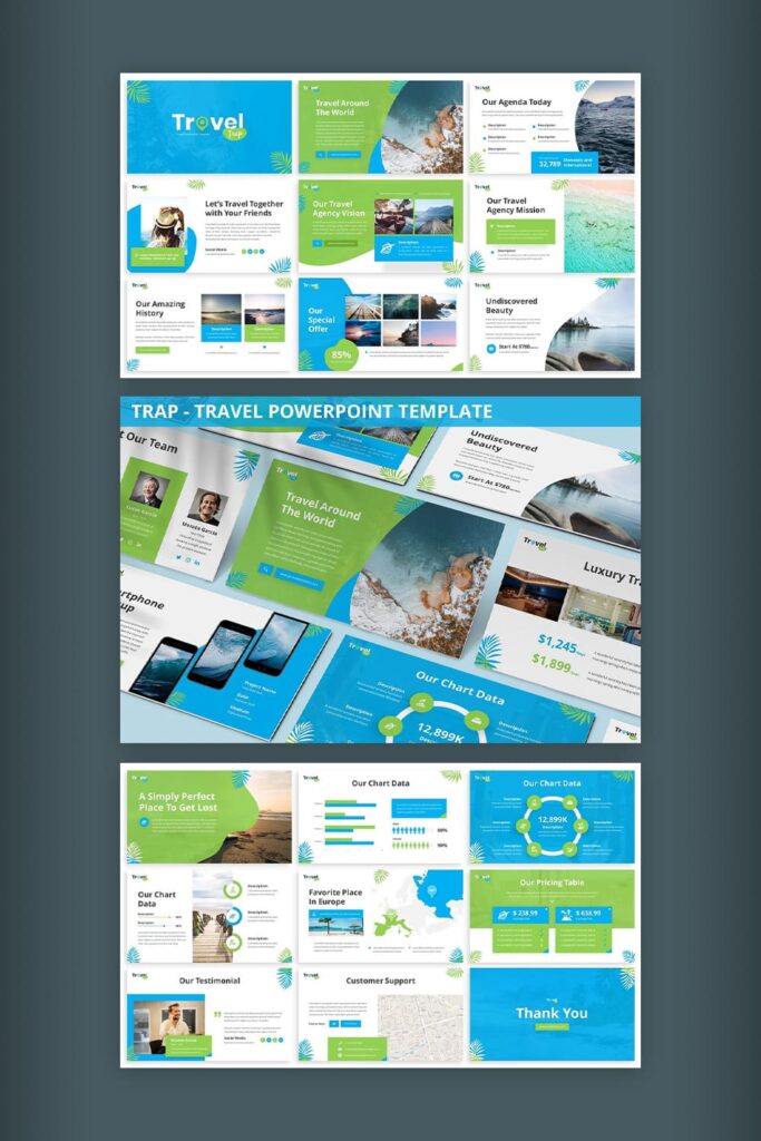 Trap Travel Powerpoint Template Pinterest image with green and blue preview.