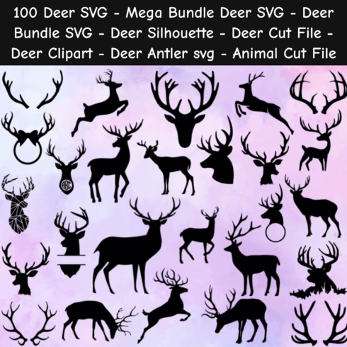 Collection of deer silhouettes on a pink background.