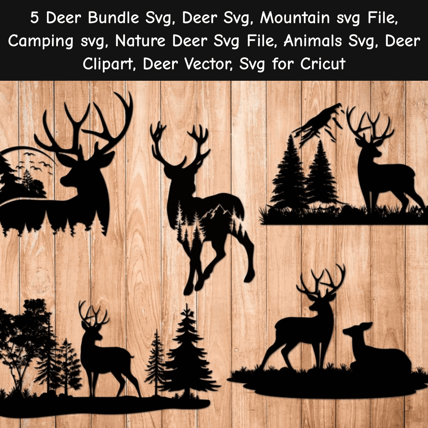 Deer silhouettes and trees on a wooden background.
