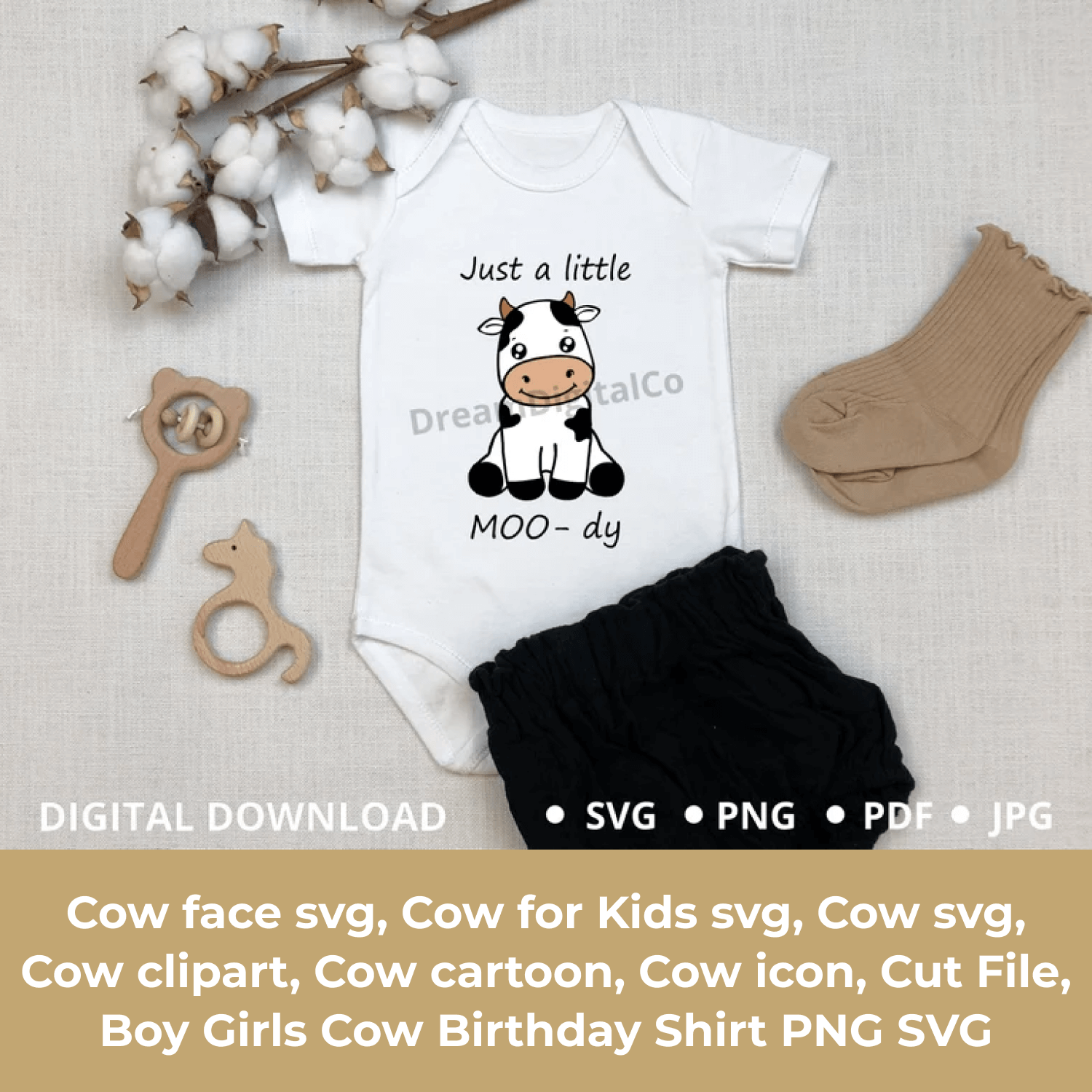 Baby bodysuit with a cow on it.