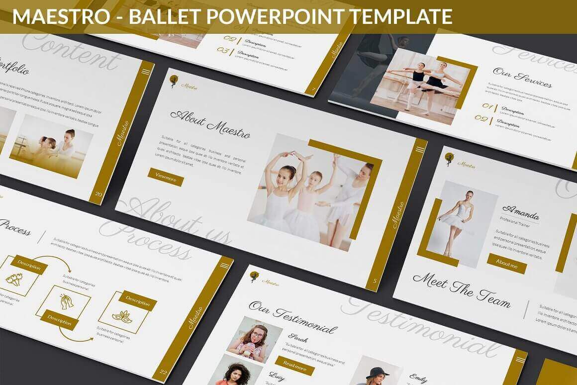 Many Slides of Maestro Ballet Powerpoint Template.