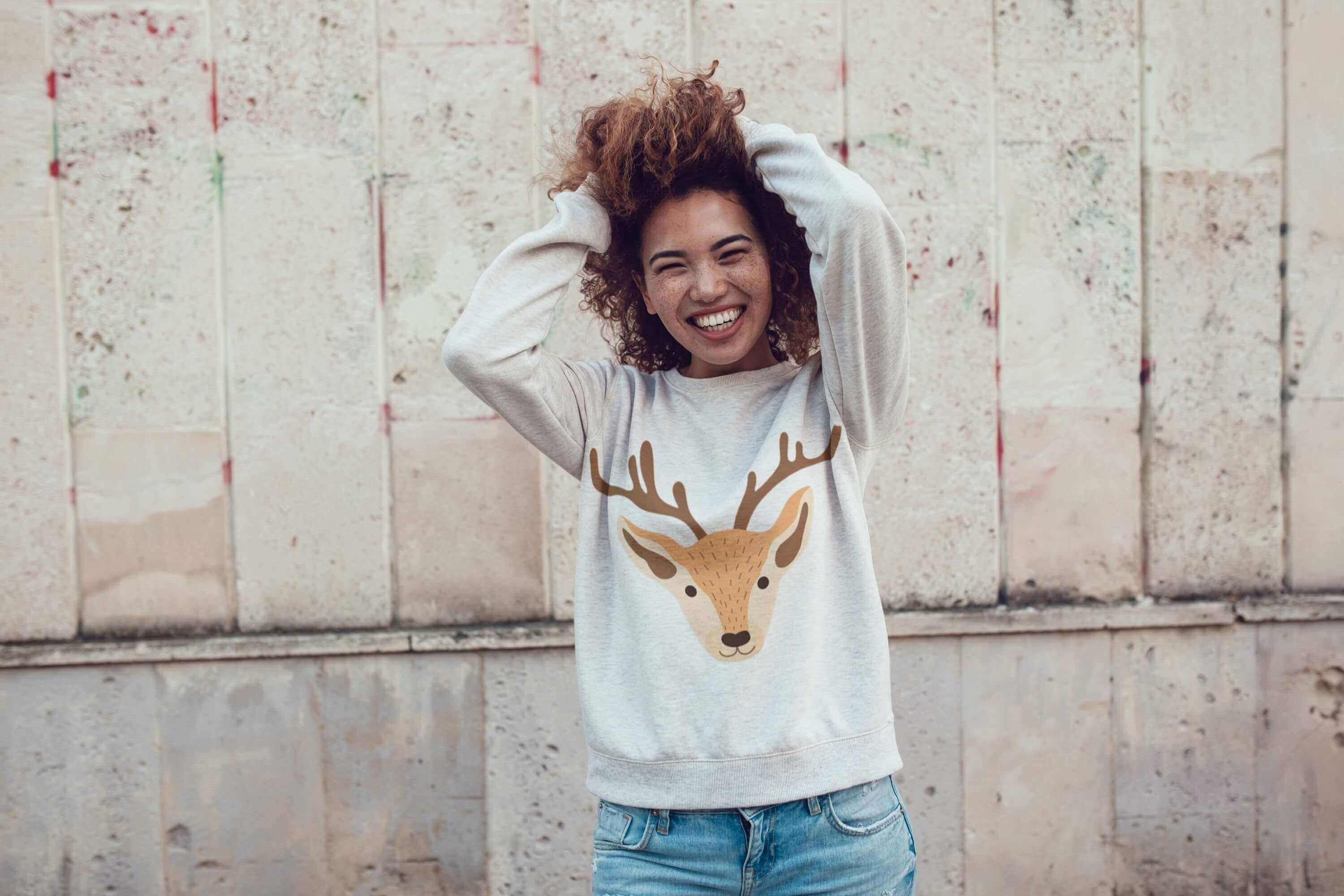 White Women's Pullover with Image Deer Head.