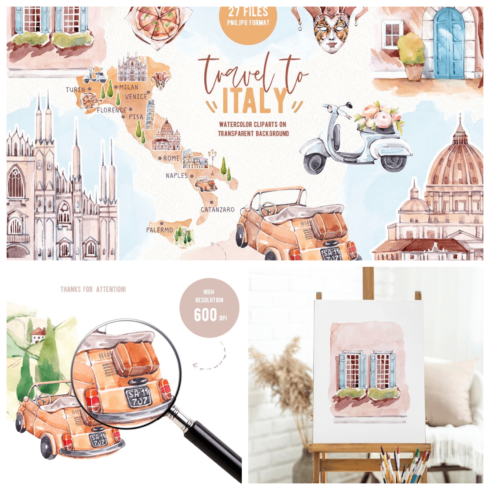 1Travel To Italy Watercolor Clipart.