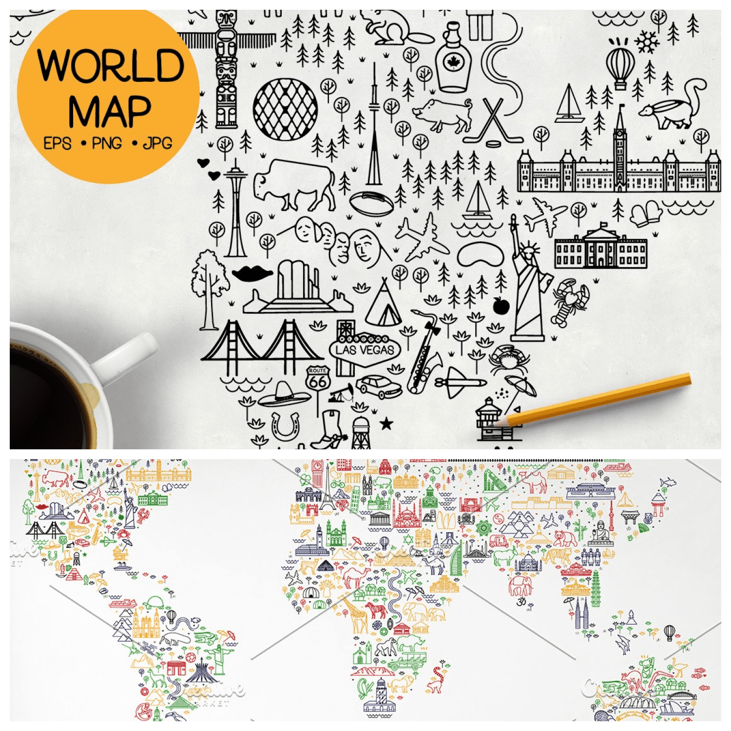 1World Travel Line Icons Map.