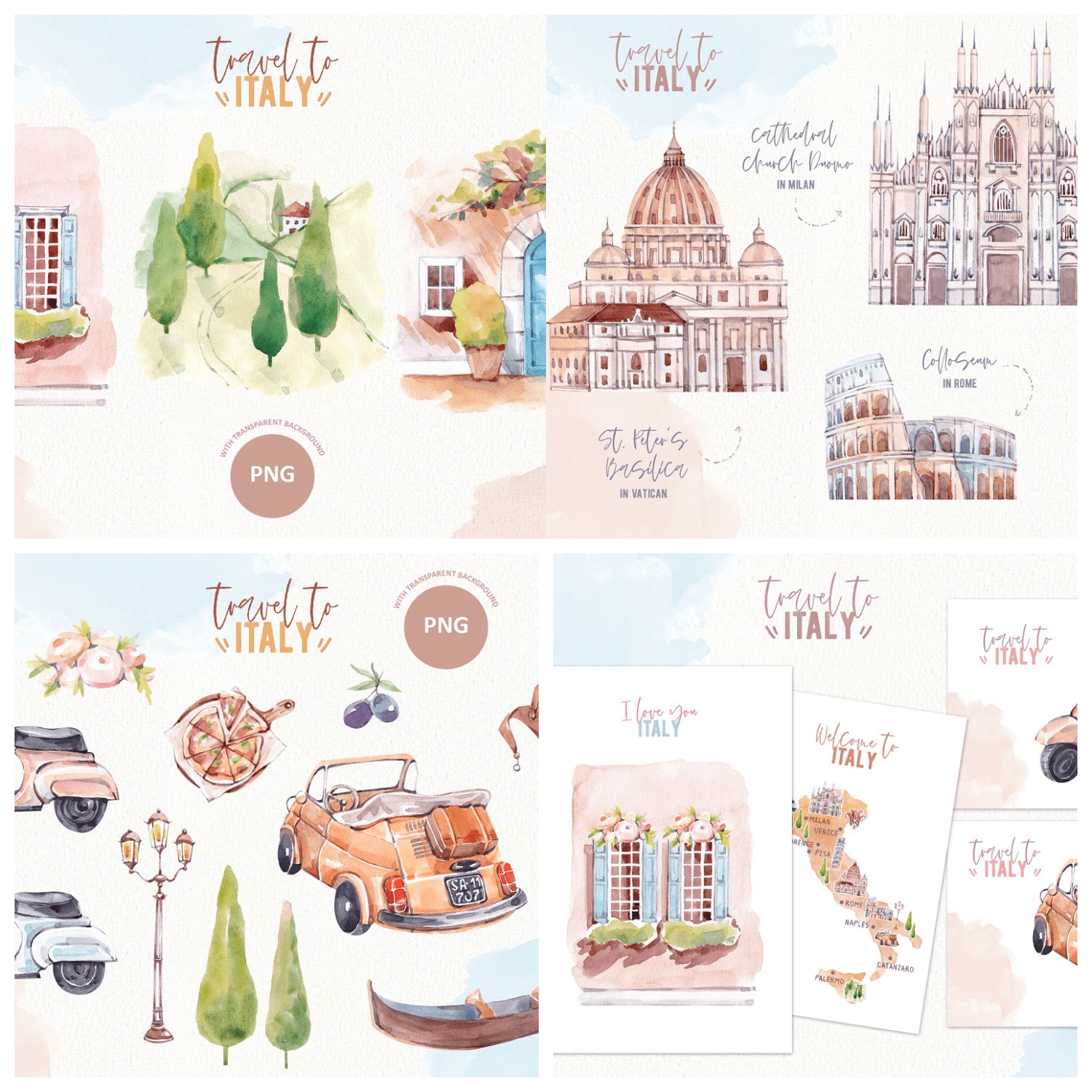 2Travel To Italy Watercolor Clipart.