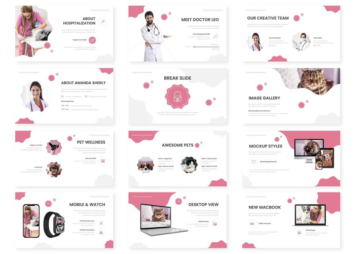 Image Gallery, Mockup Styles, Pet Wellness and other Slides.