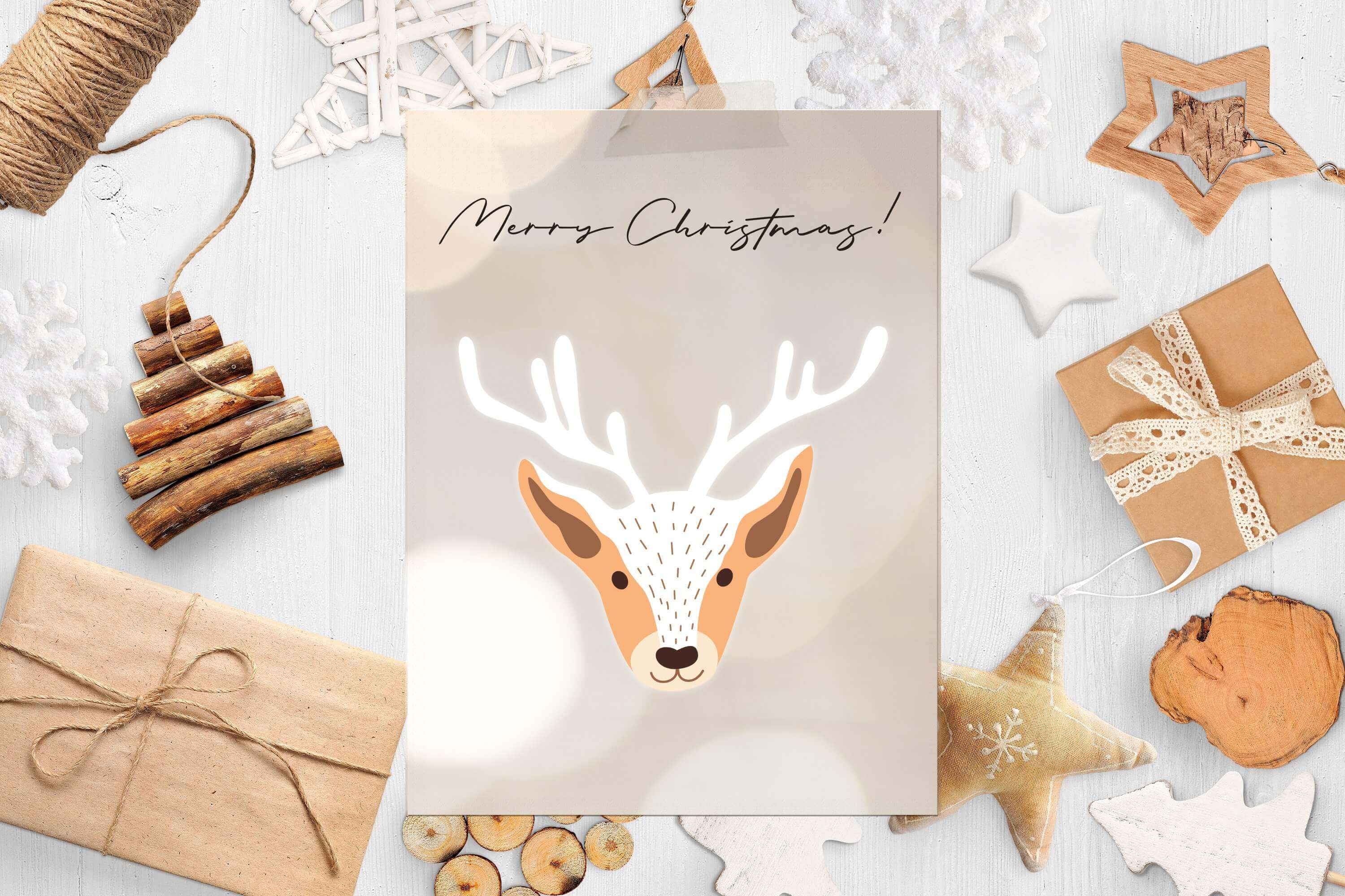 Card with Words Merry Christmas and Image Deer Head.