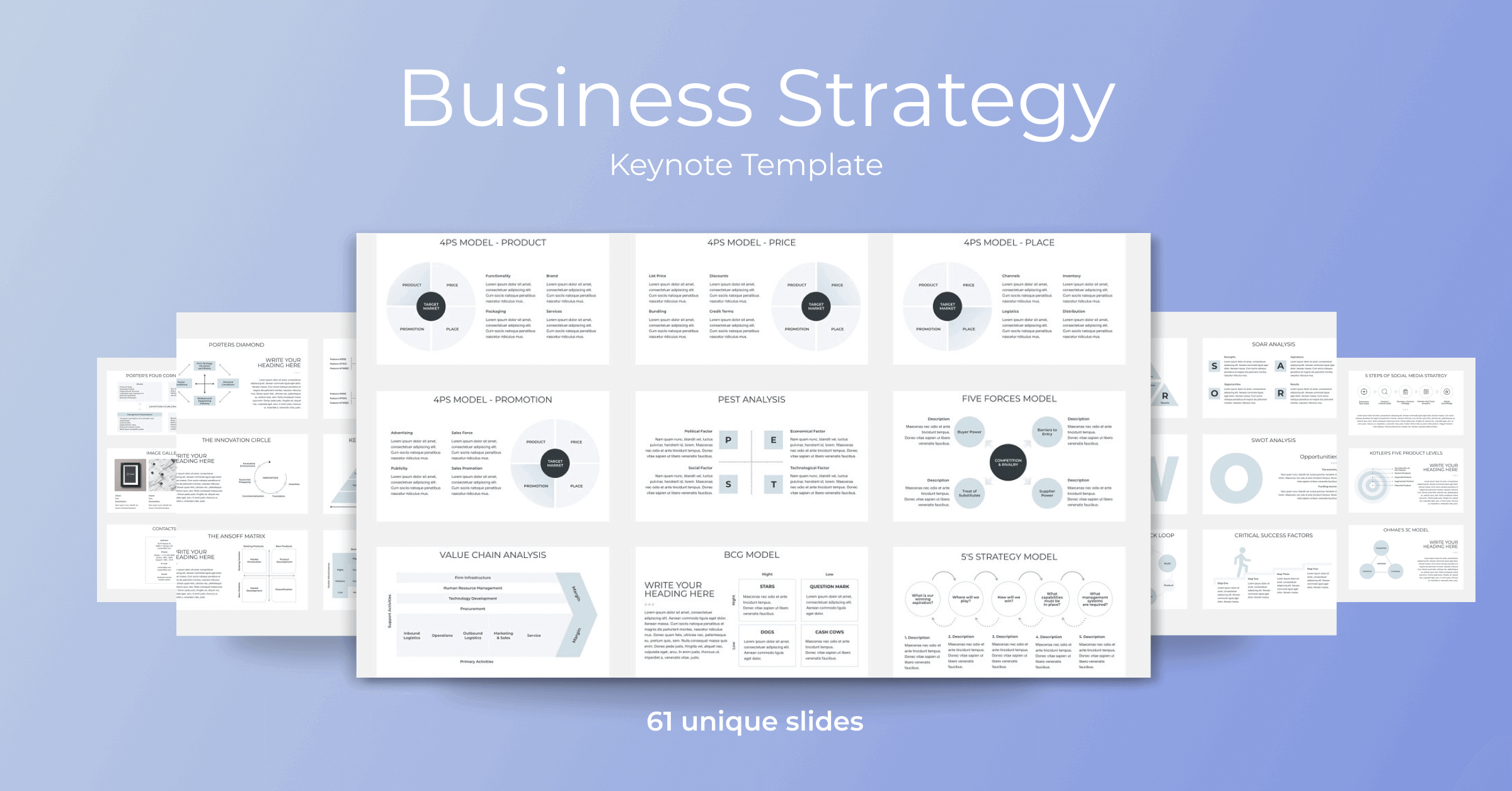 Business Strategy Keynote Template on Blue Background.