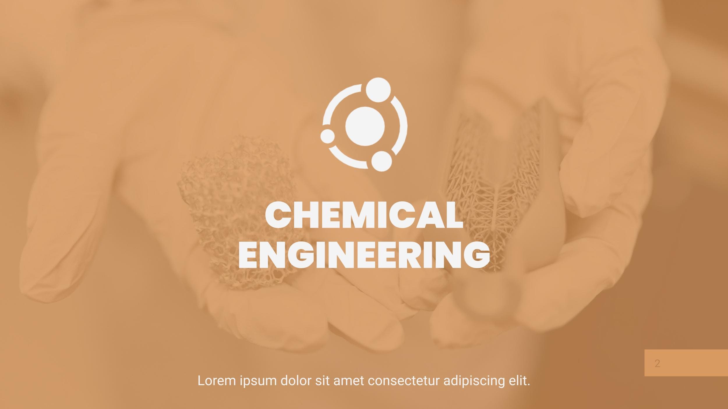 Orange title slide with a chemical icon.