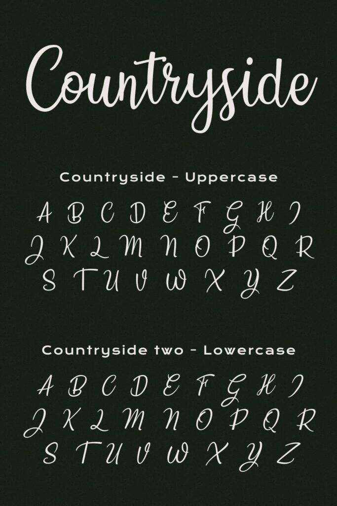 Countryside Free Farmhouse Font MasterBundles Pinterest uppercase and lowercase preview.