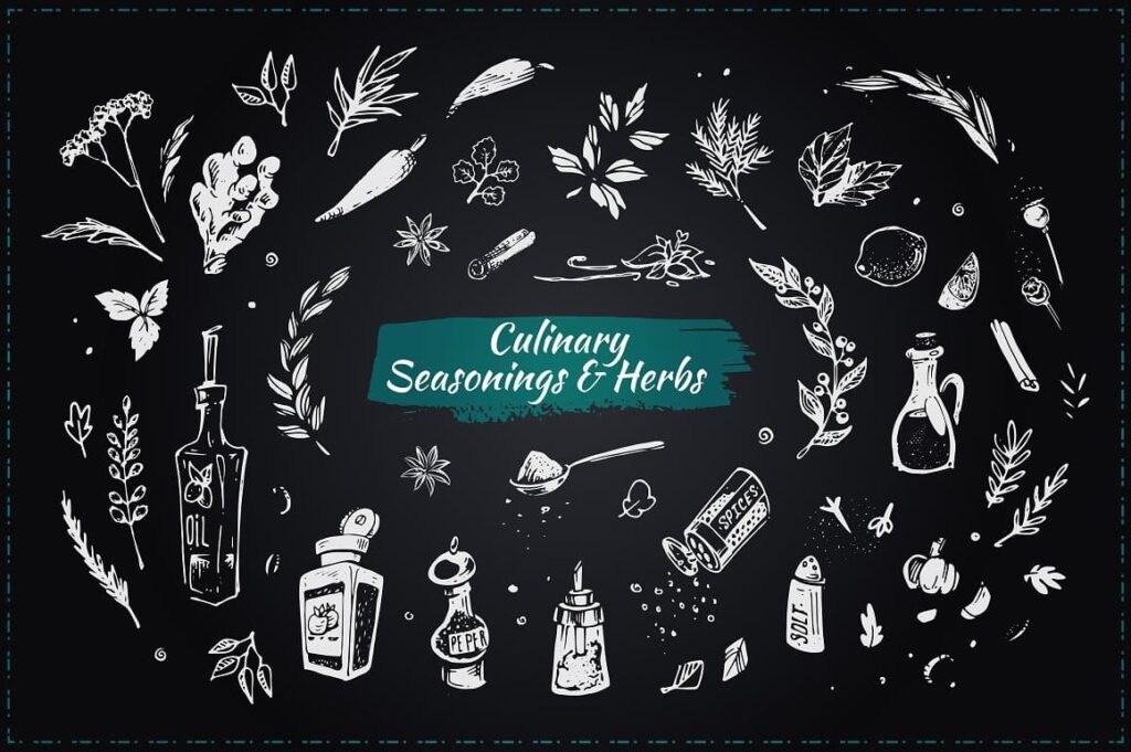Culinary seasonings herbs with Hand-drawn Cooking and Food Icons.