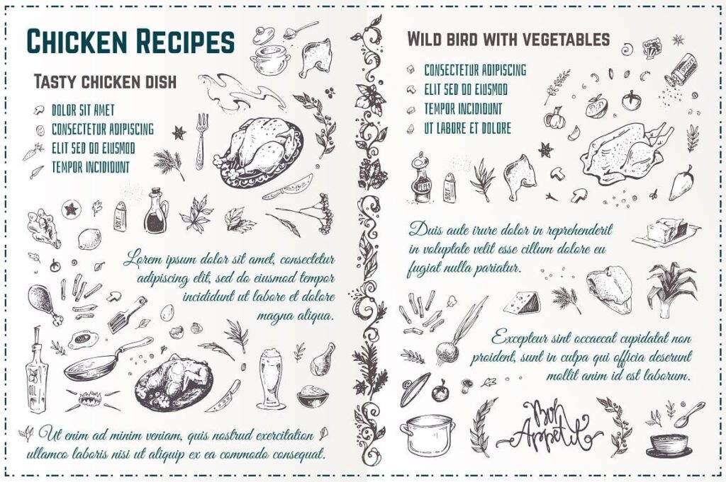 Hand-drawn Cooking and Food Icons cookbook recipes example.