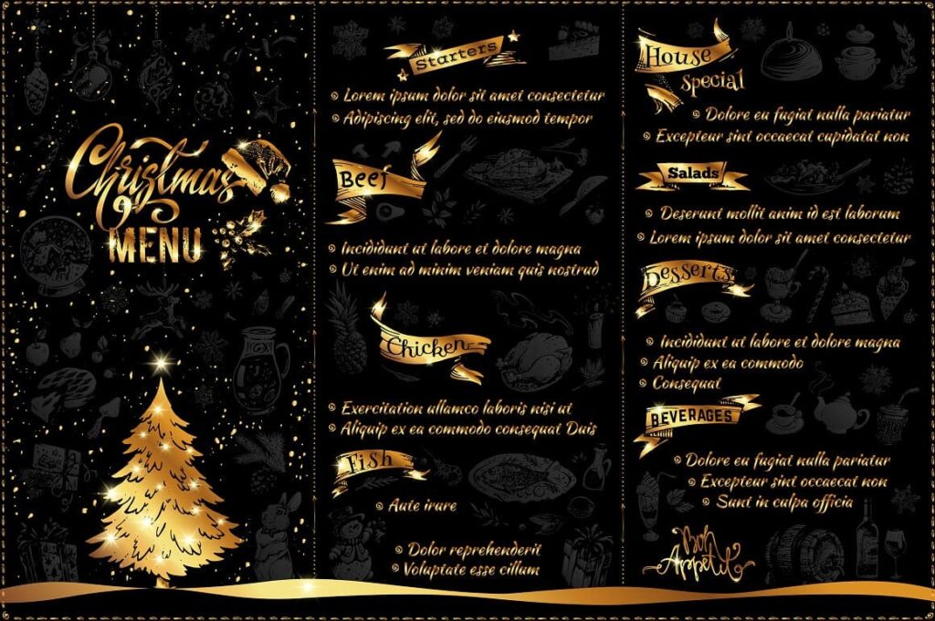 Hand-drawn Cooking and Food Icons gold and black menu example.