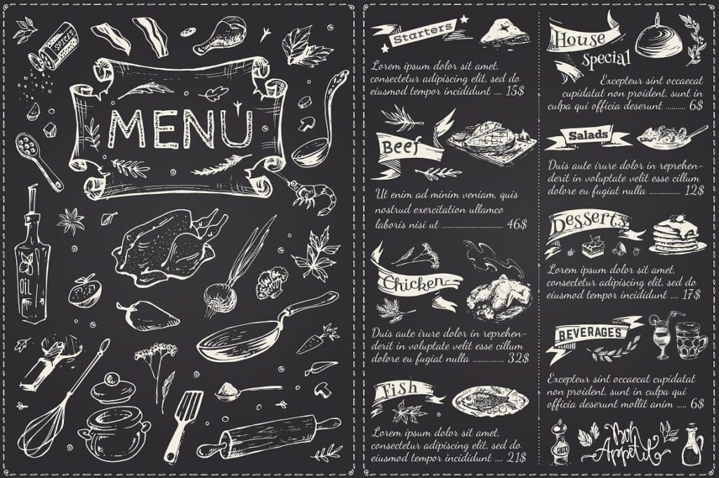 Hand-drawn Cooking and Food Icons menu example.