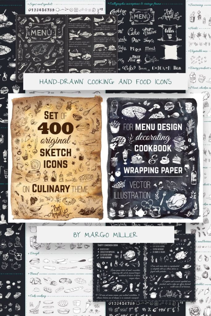 Hand-drawn Cooking and Food Icons Pinterest collage image.