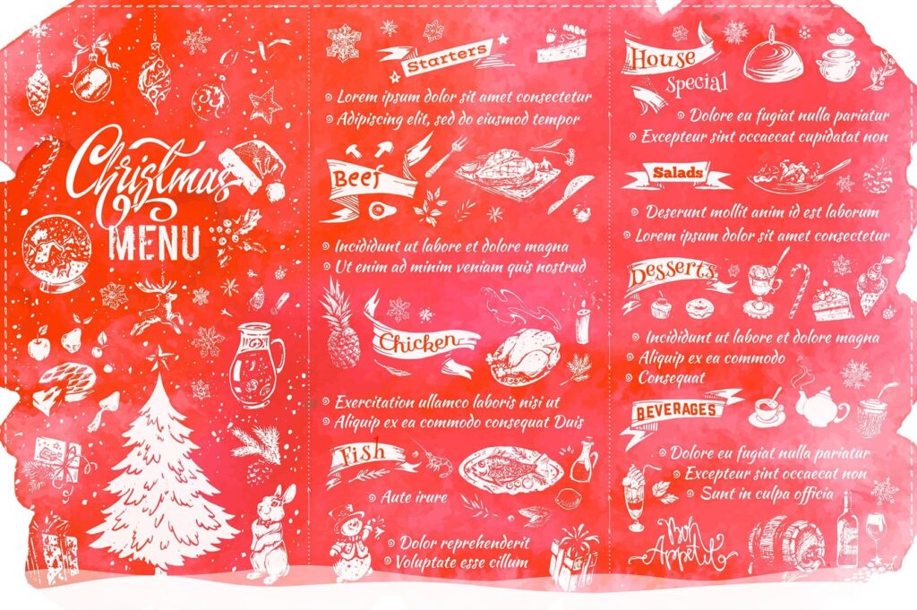 Hand-drawn Cooking and Food Icons red Christmas menu example.