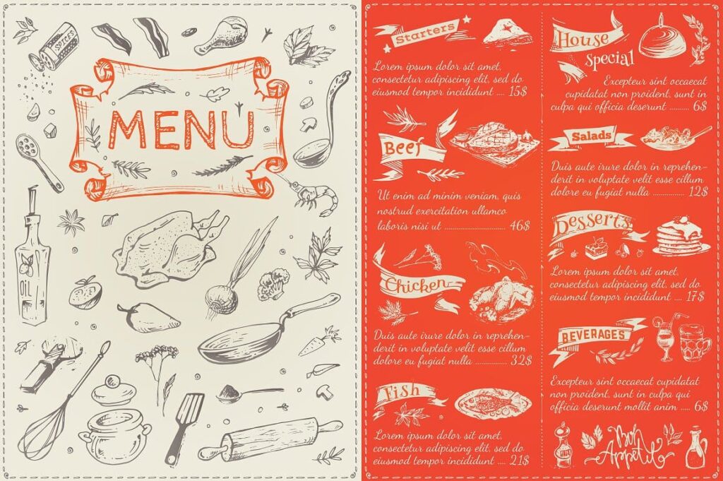Hand-drawn Cooking and Food Icons red menu example.
