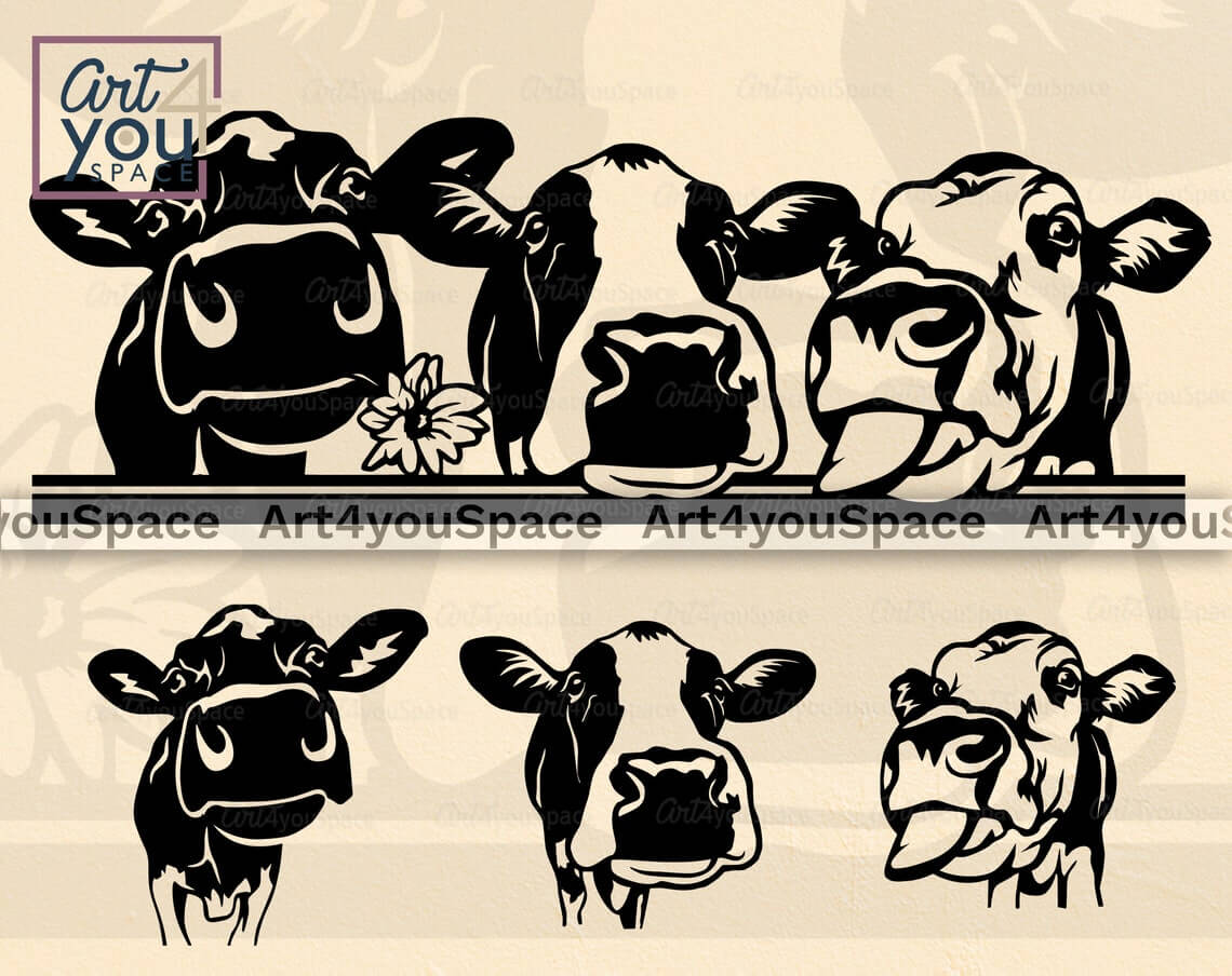 Six faces of cows in the picture.