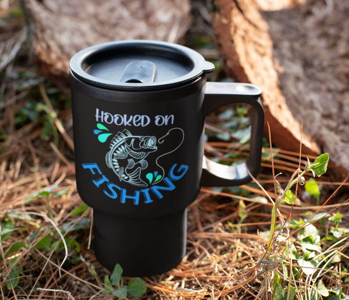 Black thermal mug for hiking with your stylization.