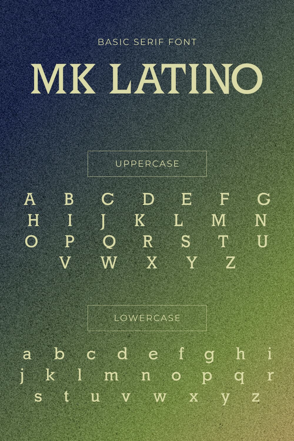 An example of a Mk Latino font in green on a gradient black and green background.