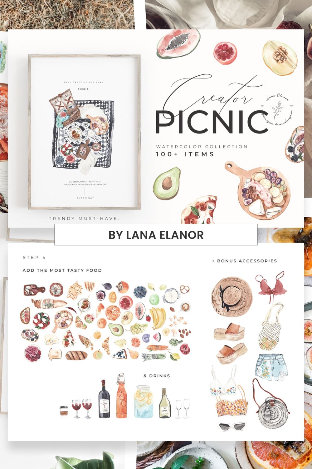 Picnic creator watercolor food set Pinterest.
