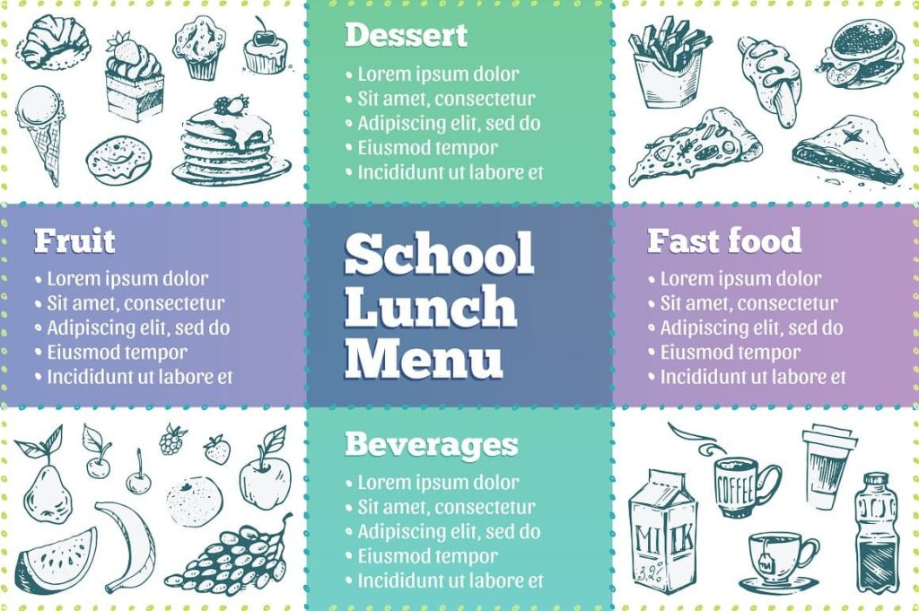 School lunch menu with Hand-drawn Cooking and Food Icons.