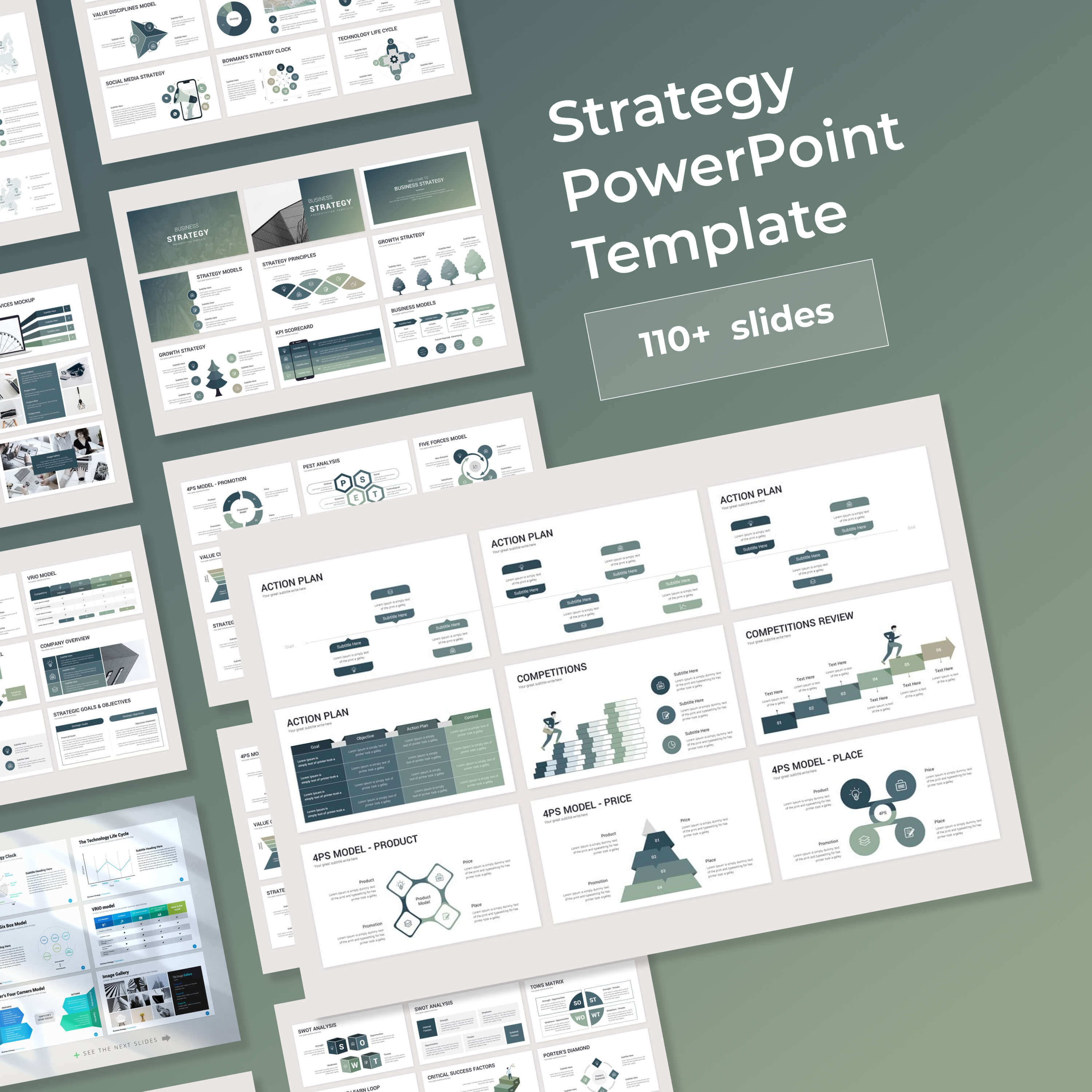 110 Plus Slides of Strategy Powerpoint Template.