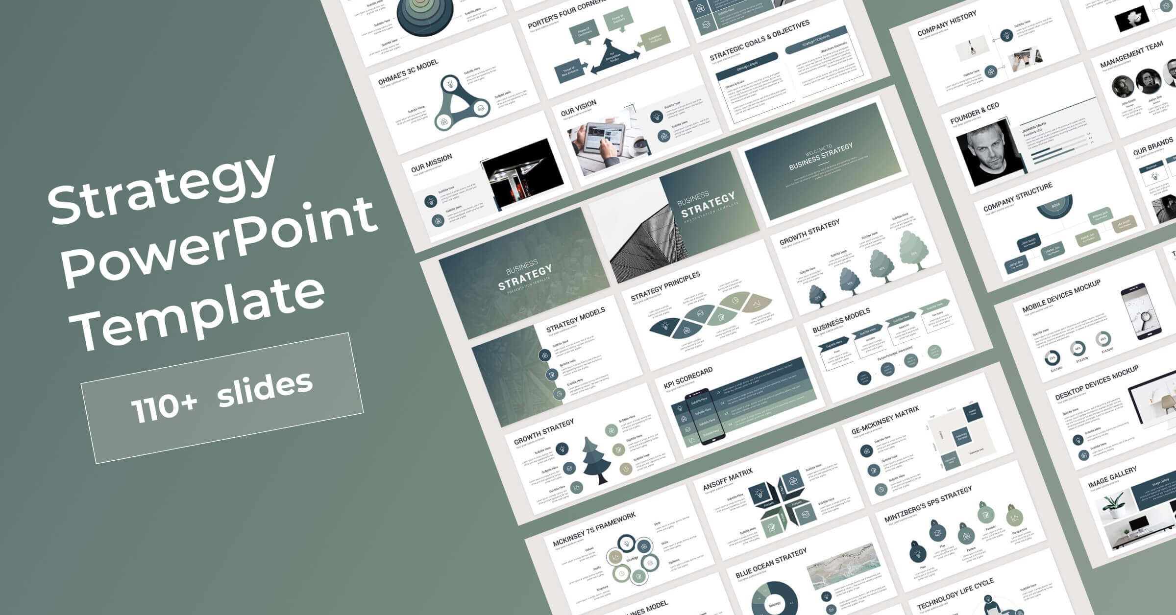110 Plus Slides of Strategy Powerpoint Template on Grey Background.