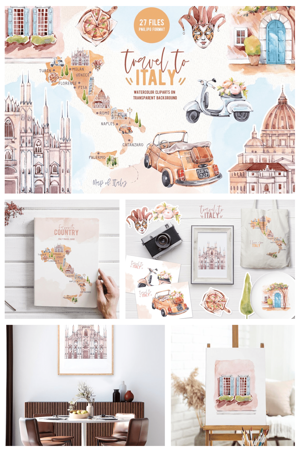 Travel To Italy Watercolor Clipart pint1.