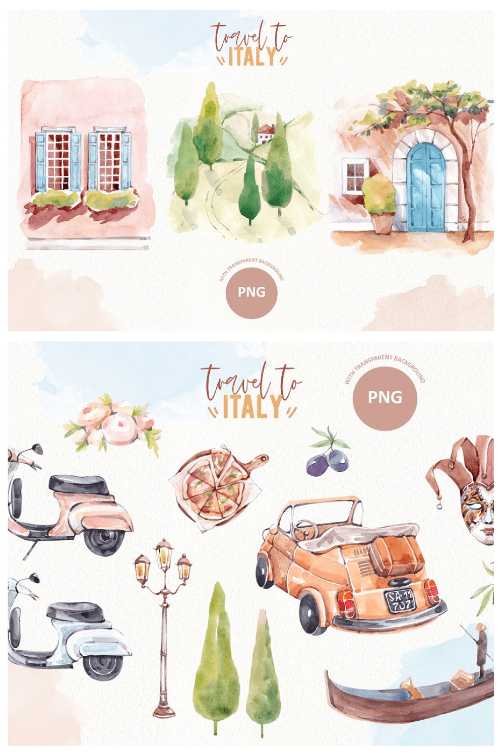 Travel To Italy Watercolor Clipart pint2.