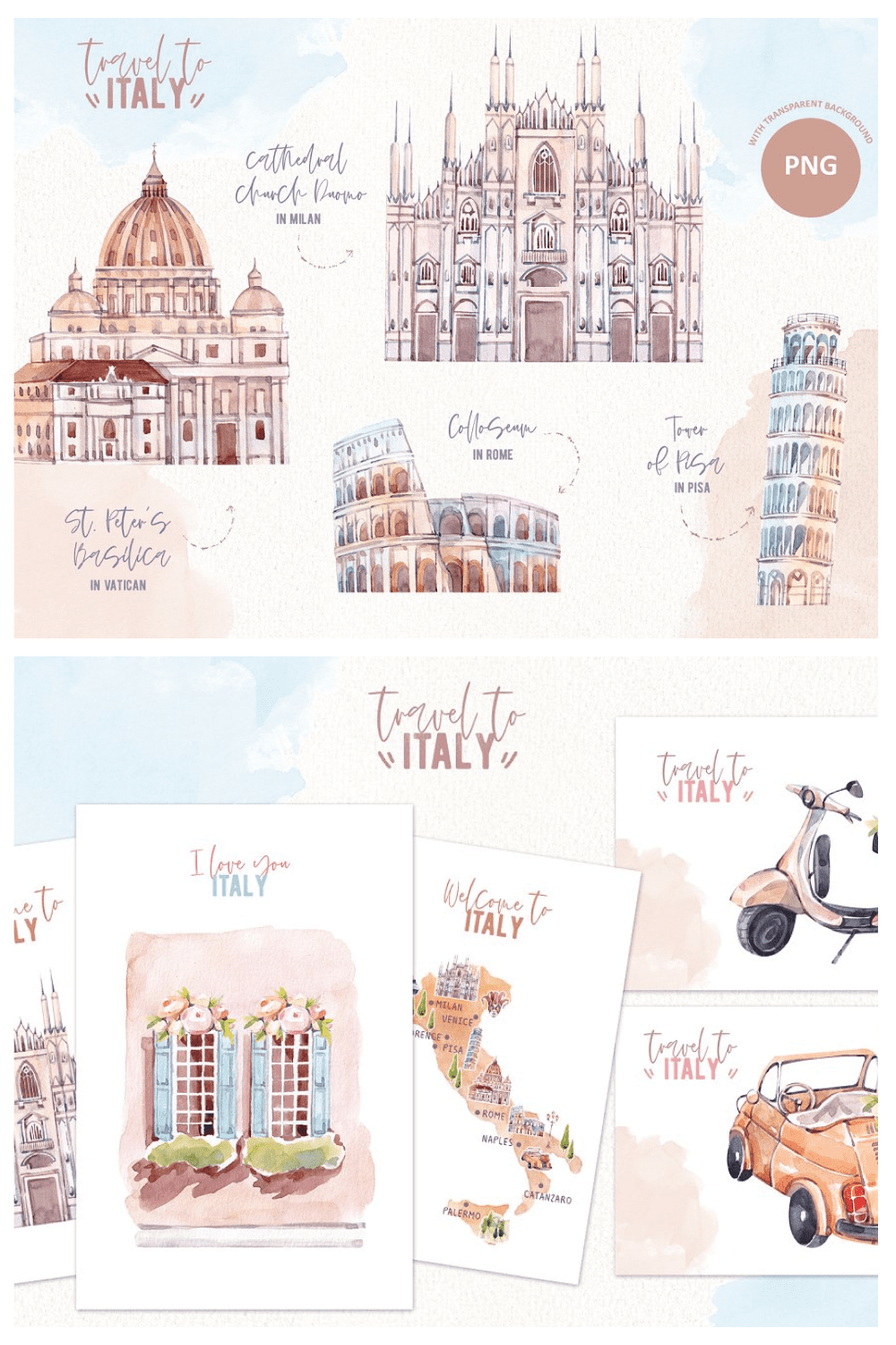 Travel To Italy Watercolor Clipart pint3
