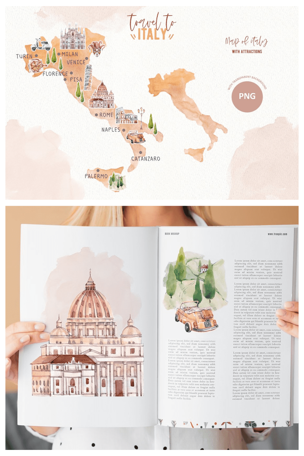 Travel To Italy Watercolor Clipart pint4.