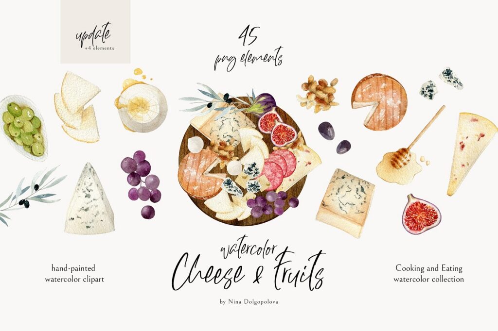 Watercolor food clipart cheese elements.