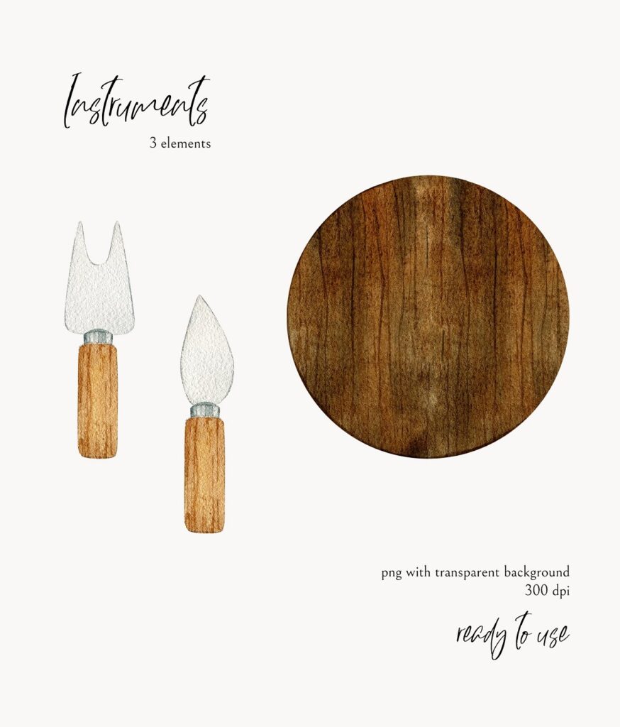 Watercolor food clipart cheese instruments.