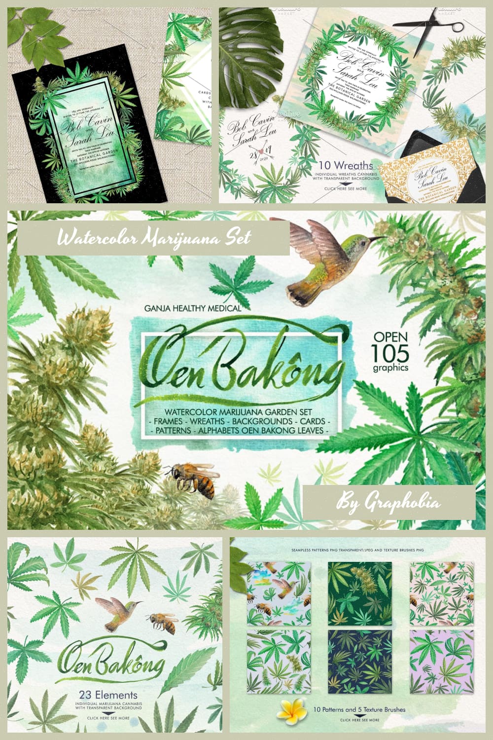 Watercolor marijuana set Pinterest.