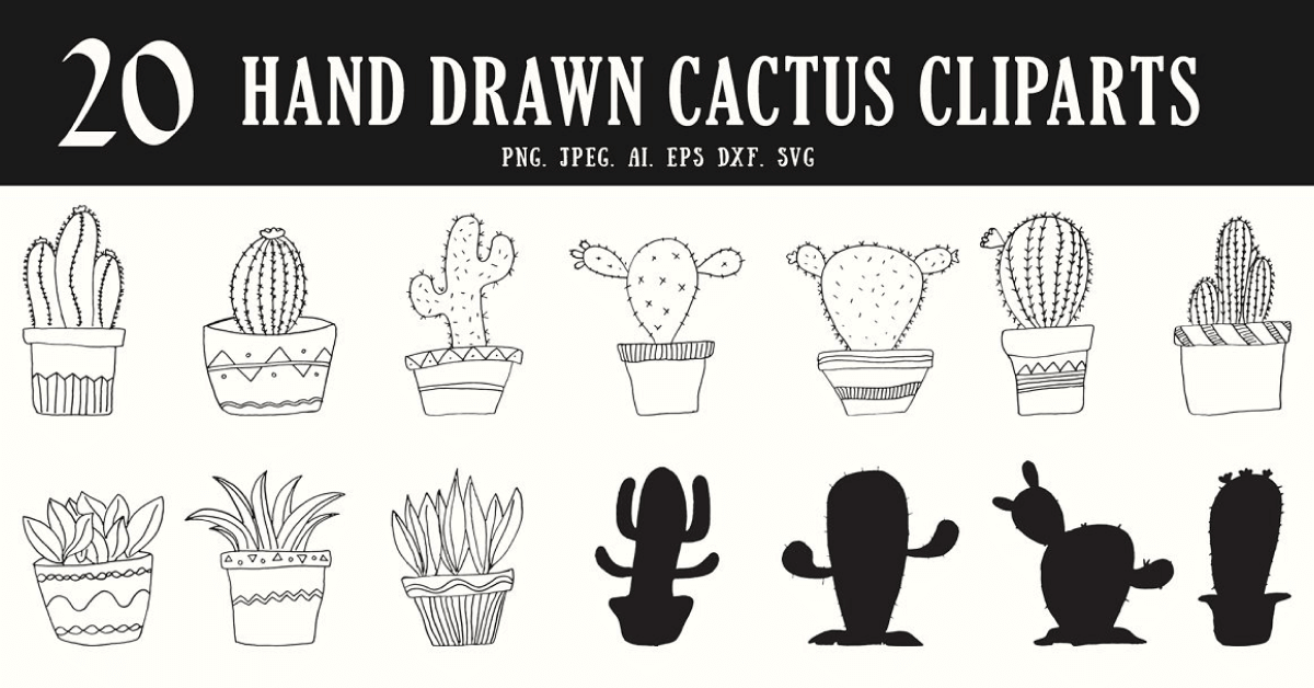 20 Hand Drawn Cactus Cliparts.