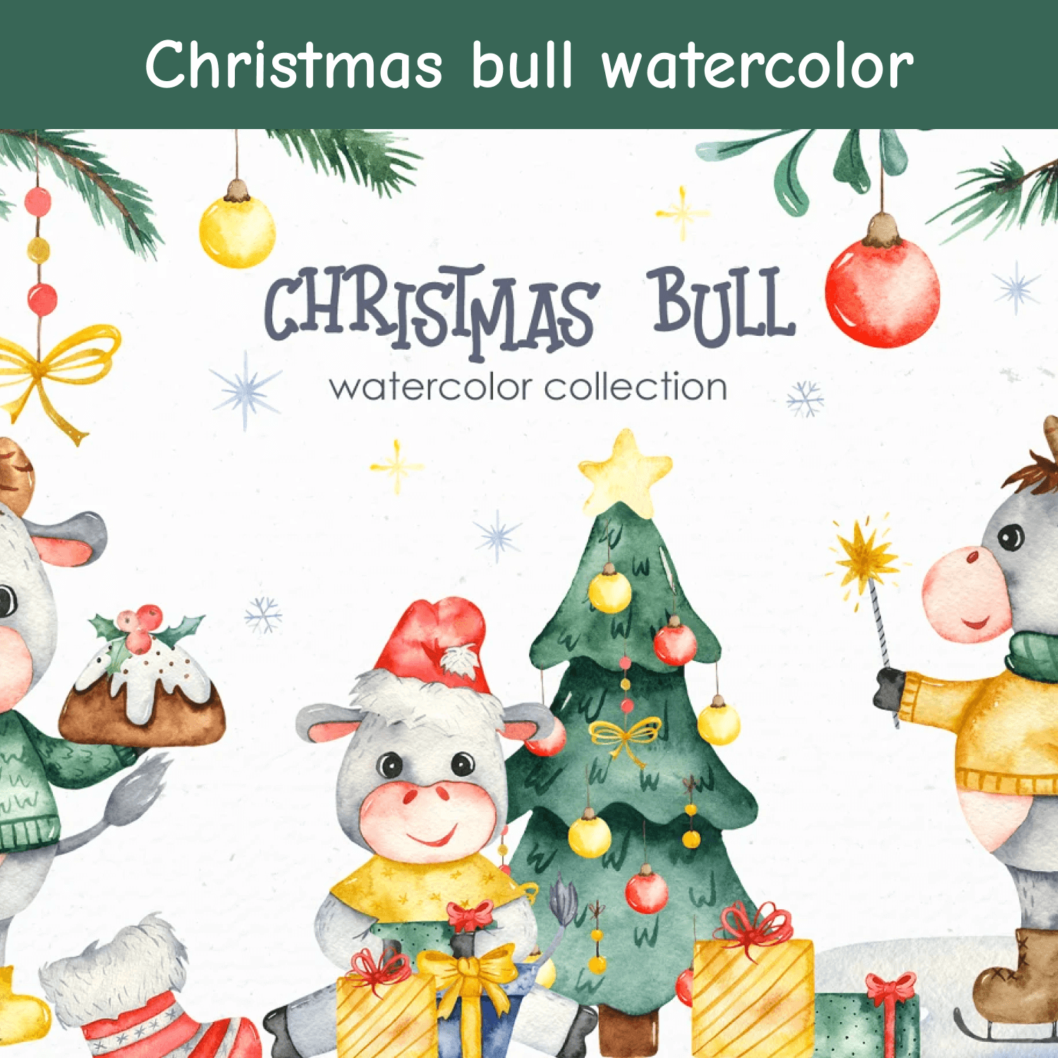 Christmas bull watercolor.