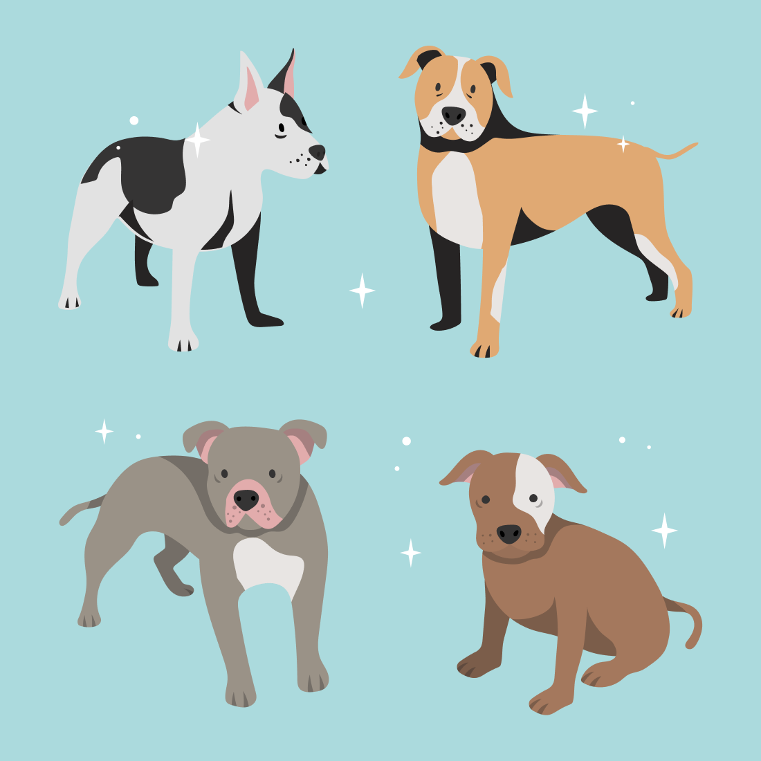Four dogs are standing in a row on a blue background.