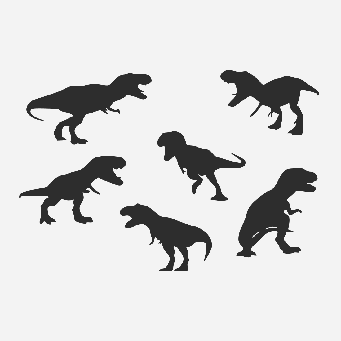 Set of six silhouettes of dinosaurs.