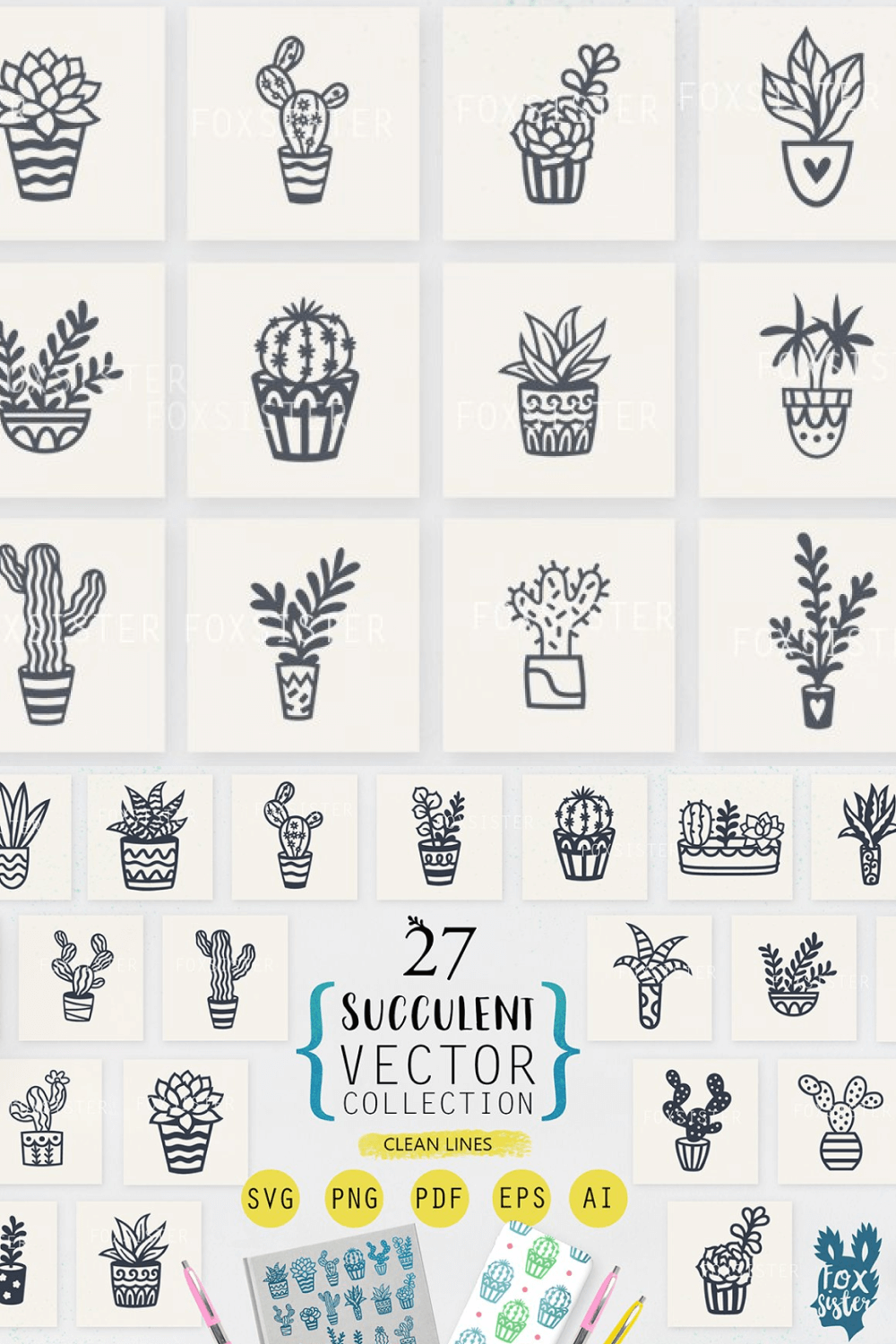 Succulents in pots vector collection.