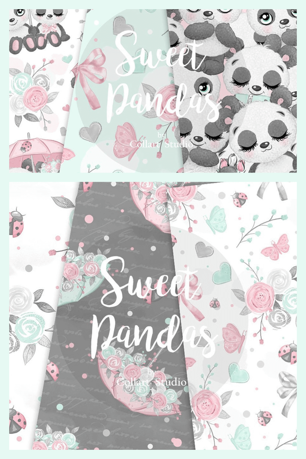 Sweet Panda in Blue, Pink and Grey Colors.