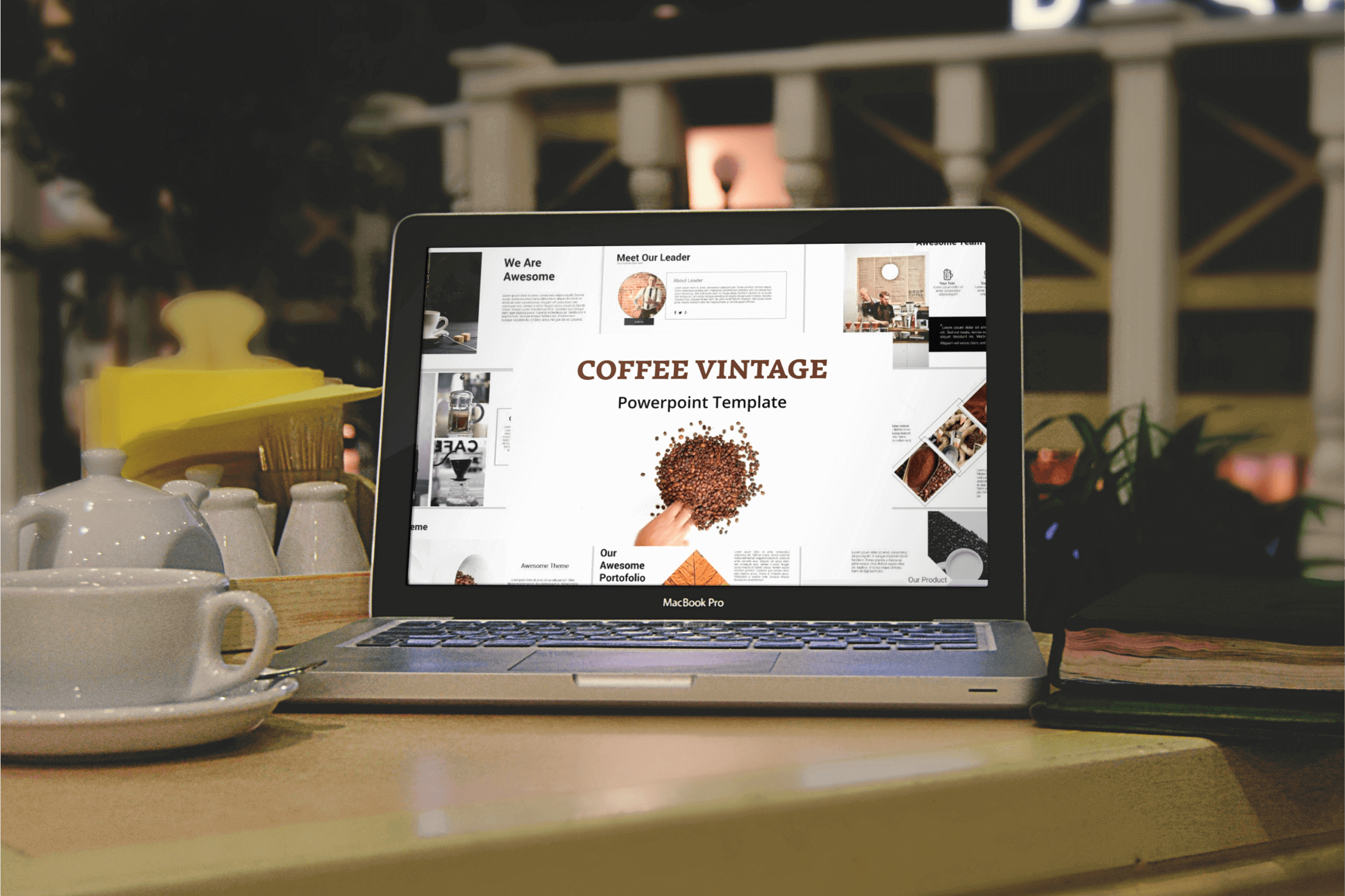 Preview Coffee Vintage Powerpoint Template on Notebook.