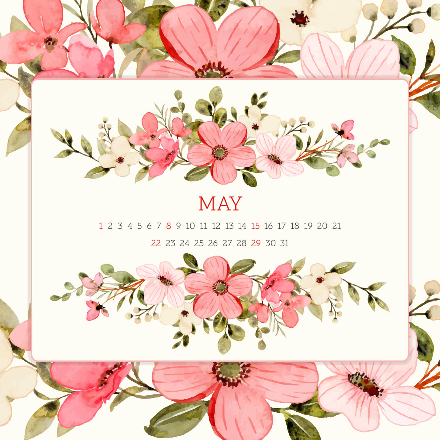 Free Pink Flower Editable May Calendar preview image.