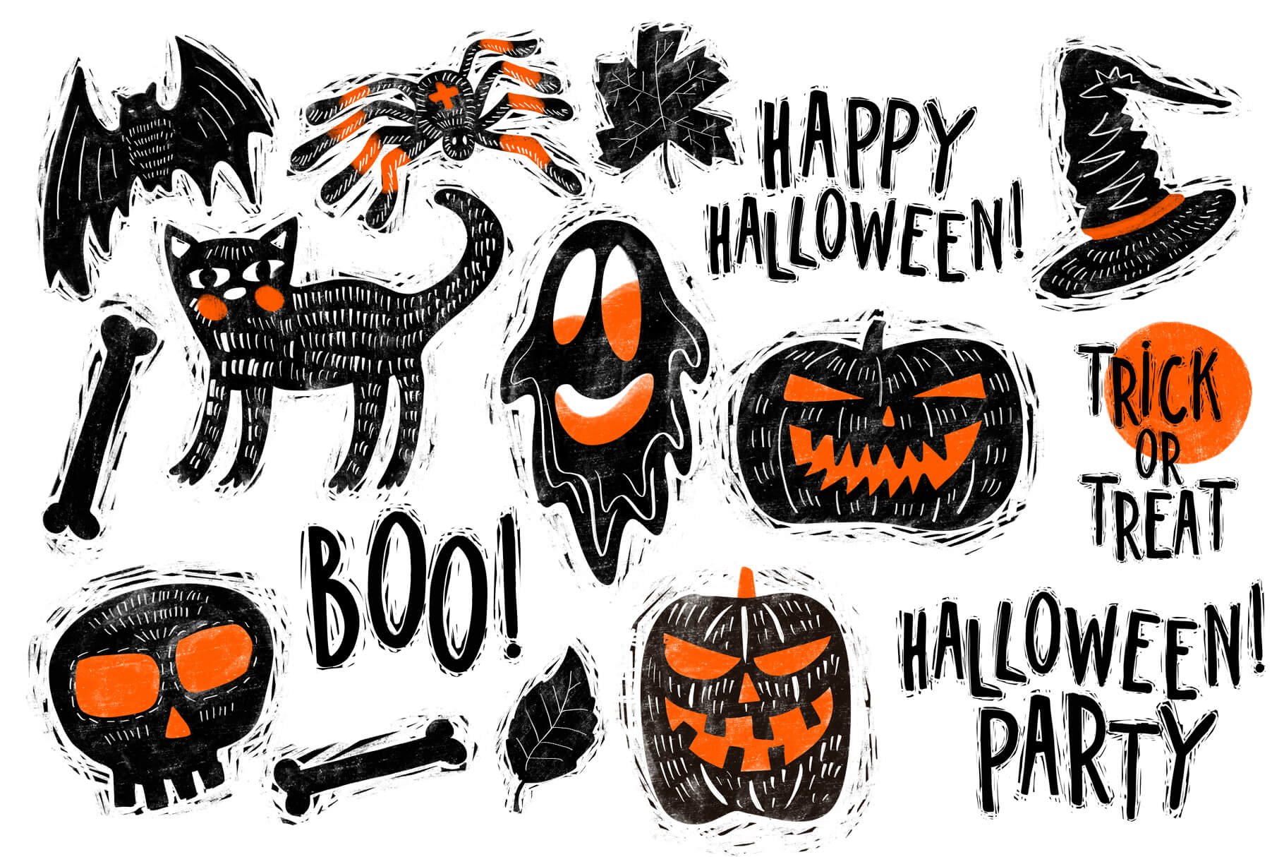 Halloween Linocut Clipart elements.