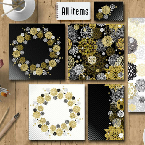 Gold Black White Snowflakes Suite cover image.