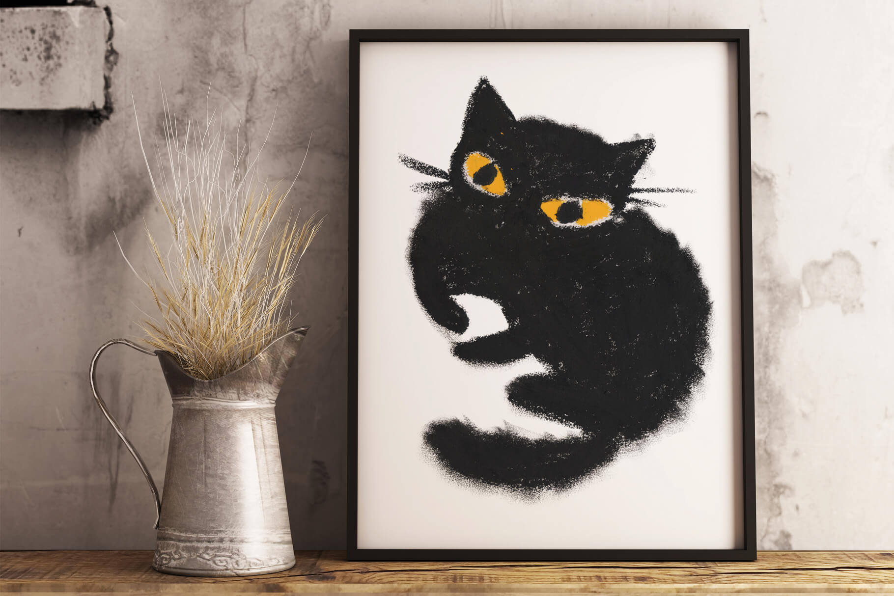 Black Cat Hand-drawn Pastel Poster.
